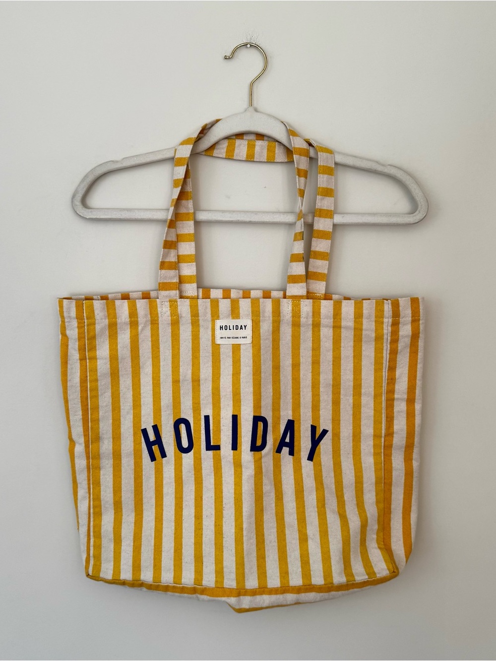 Sézane 100% Recycled Cotton “Holiday” Striped Graphic Tote Bag, Yellow & Beige - Picture 2 of 8